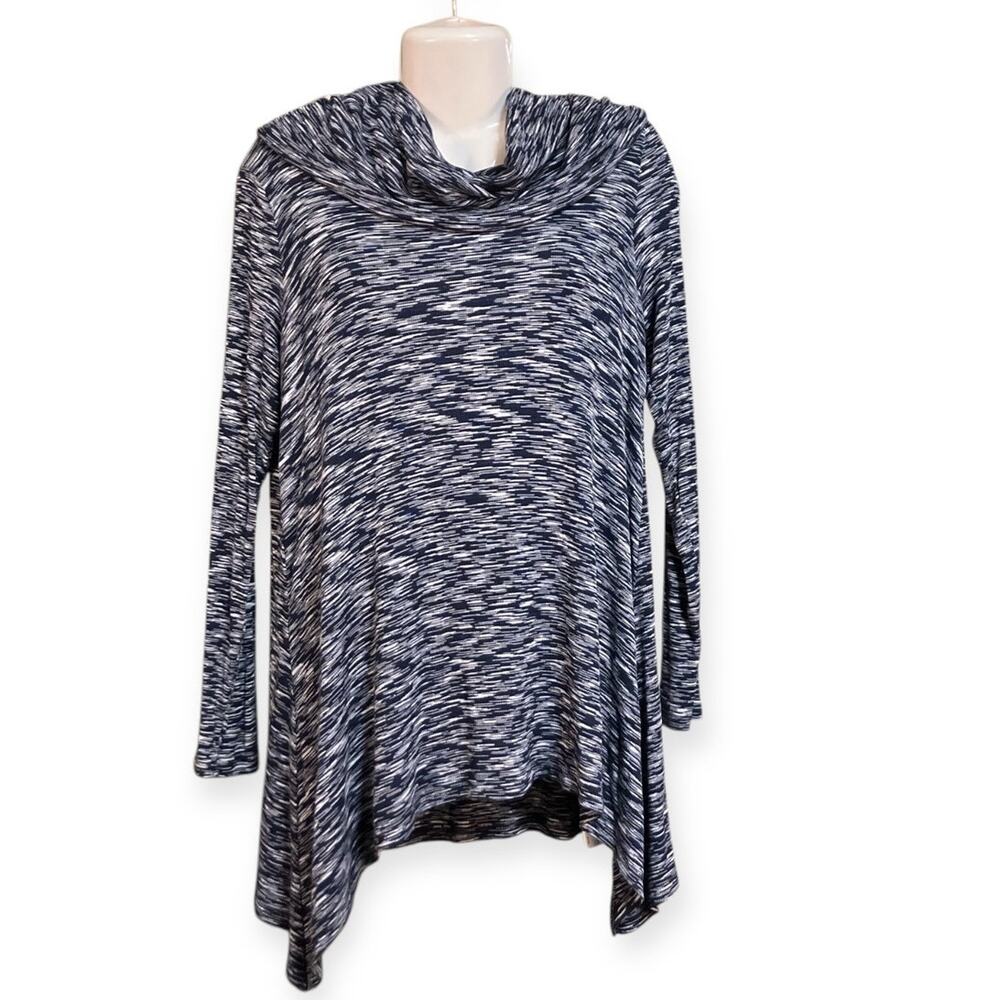 Cable & Gauge Women's Navy/White Knit Cowl Neck Hoodie Lightweight Sweater SZ L